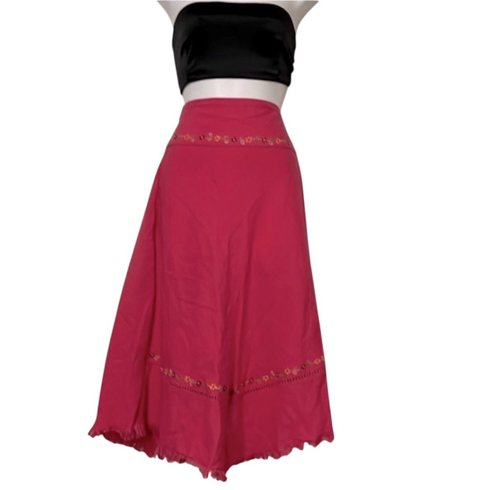 Pink Boho Fringe Hem Embroidered Dainty Floral Bohemian Cotton Midi Skirt M